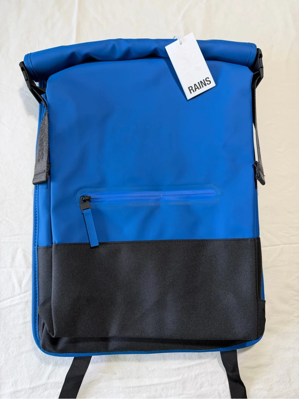 Rains Blue and Black Roll-Top Backpack